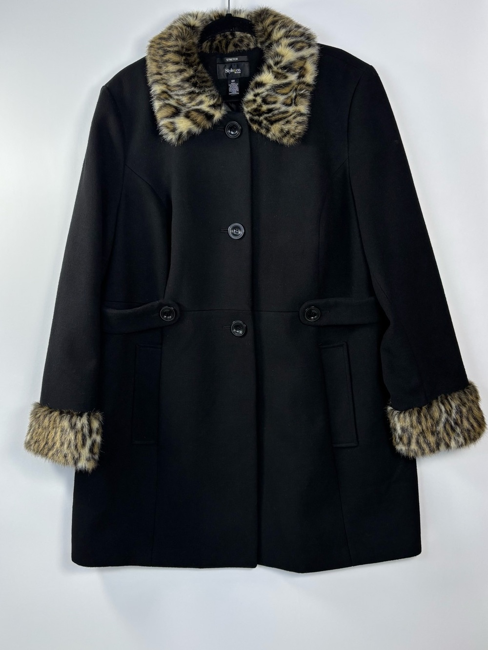 Style & Co. Black Pea Coat with Faux Leopard Fur Trim